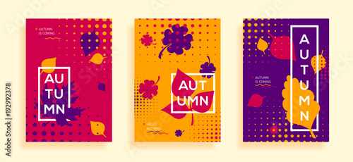 Collection of autumn retro poster template. Flat bright fall leaves. Poster, card, label, banner design set. Vector illustration