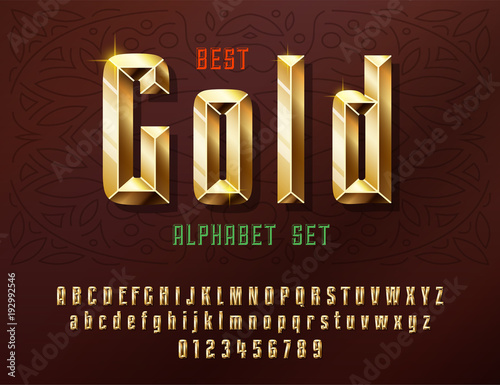 Stylish stylized golden and Glossy shining font with numbers, upper and lowercase letters.