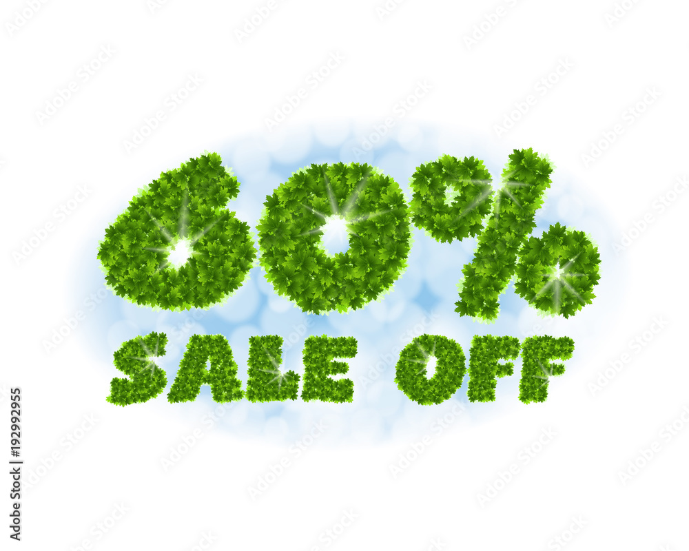 Spring sale 60 percent off. Letters and figures from maple leaves on a heavenly background with the effect of bokeh and sunlight. Spring sale 60 percent off. Letters and figures from maple leaves on a heavenly background with the effect of bokeh and sunlight.