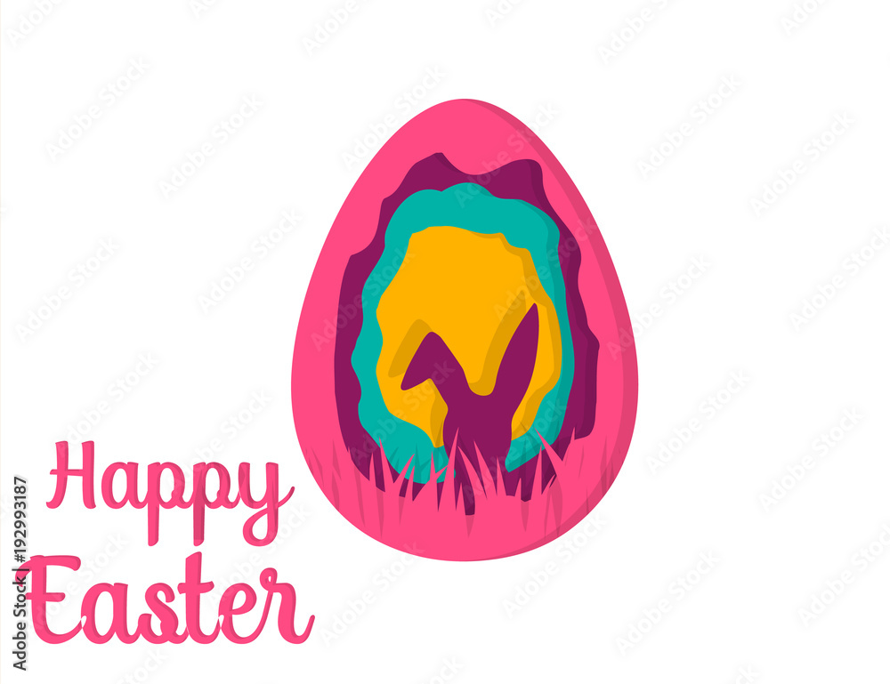 Greeting card with Happy Easter . Easter Bunny. Easter Egg paper art