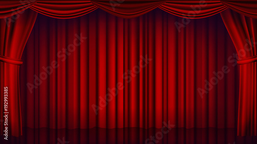 Red Theater Curtain Vector. Theater, Opera Or Cinema Closed Scene. Realistic Red Drapes Illustration