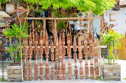 Brazilian indigenous decoration weapons being sold at a handicraft fair in Bahia in Brazil. Patax√≥ spears.