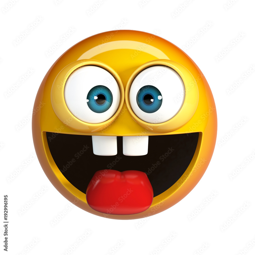 Crazy emoji isolated on white background, silly face emoticon 3d rendering  Stock Illustration