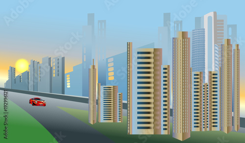 Morning in the city red auto vector illustration background
