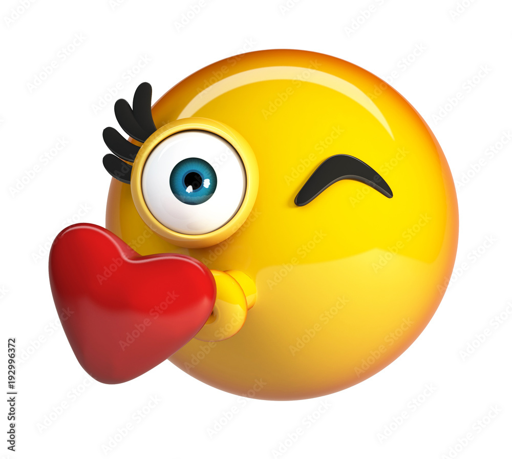Kiss emoji, kissing face emoticon with red heart. 3d rendering isolated on white background