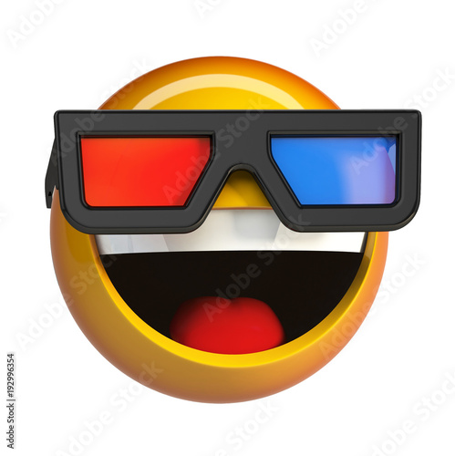 Emoji with 3d cinema glasses , emoticon watching 3d movie. 3d rendering isolated on white background.