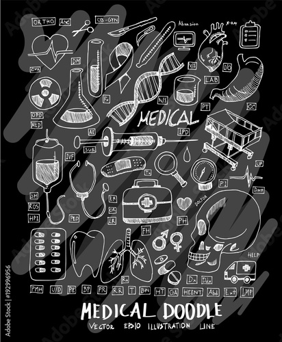 Medical doodle illustration wallpaper background line sketch style set on chalkboard eps10