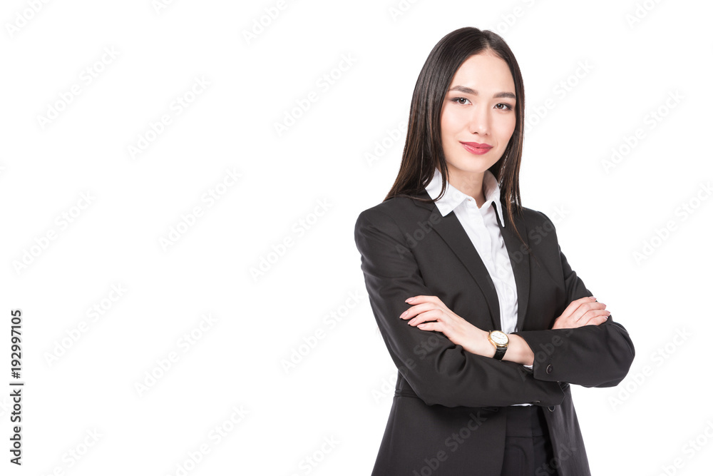 portrait of smiling asian businesswoman in suit isolated on white portrait of smiling asian businesswoman in suit isolated on white