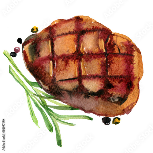 Steak with rosemary and pepper, isolated on white background watercolor illustration 