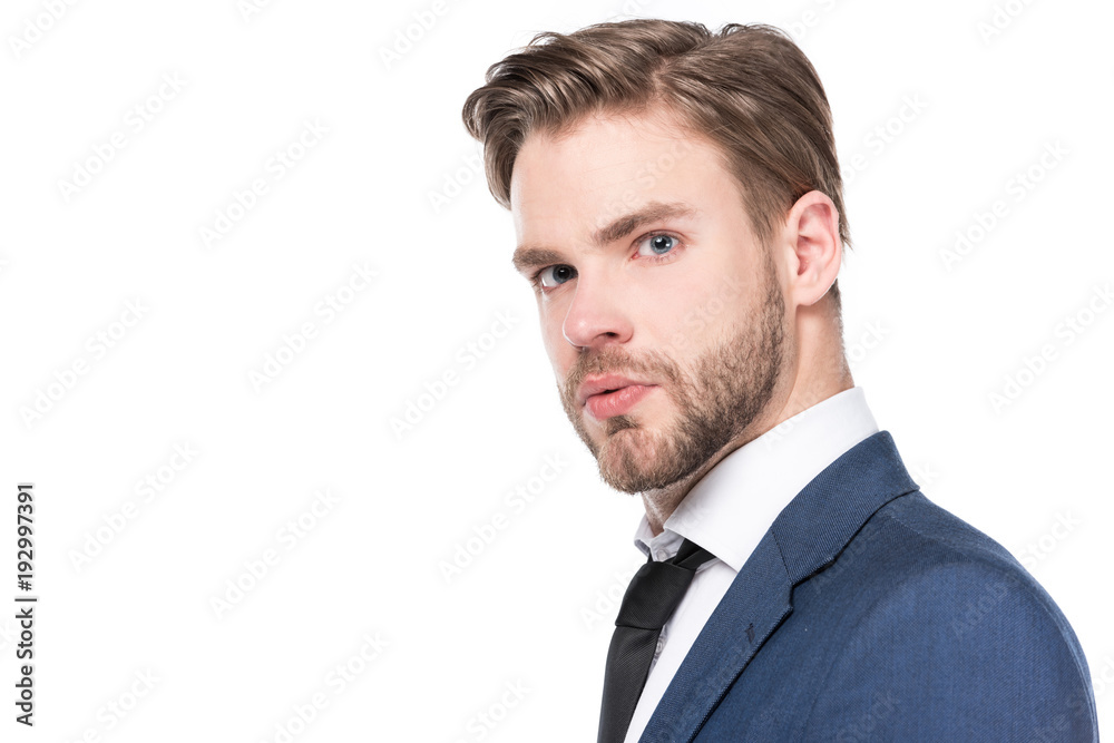 side view of confident caucasian businessman in suit isolated on white side view of confident caucasian businessman in suit isolated on white
