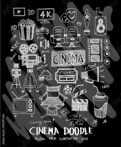 Cinema doodle illustration wallpaper background line sketch style set on chalkboard eps10