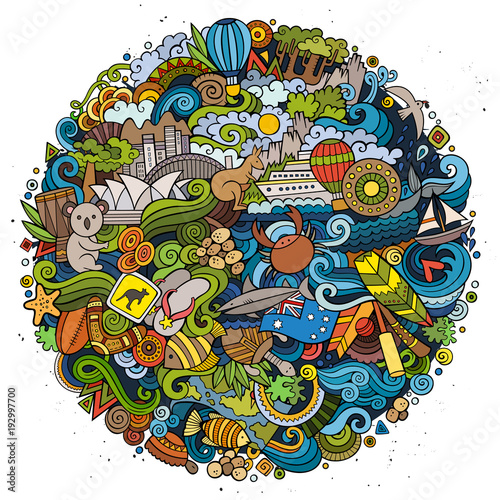 Australian doodles elements and symbols round illustration