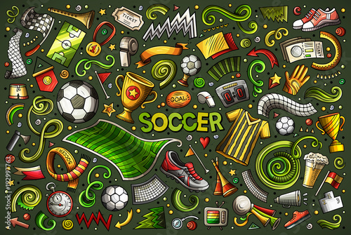 Vector doodles cartoon set of football objects