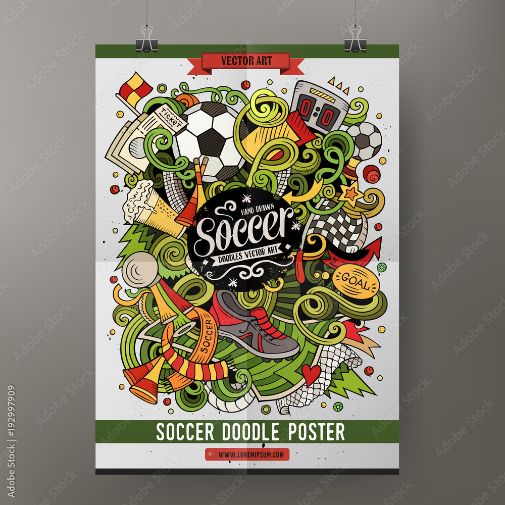 Cartoon vector hand drawn doodles Soccer poster template