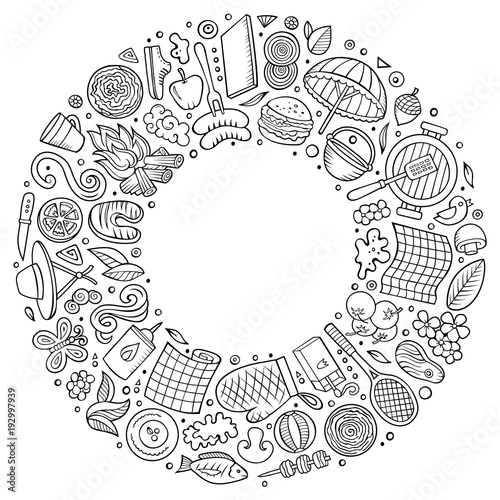 Line art vector hand drawn set of Picnic cartoon doodle objects
