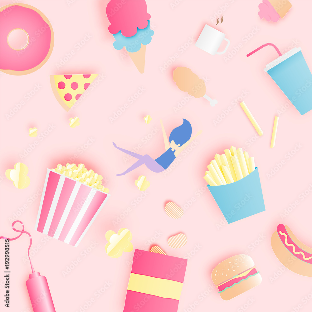 Various junk food in paper art style with pastel scheme