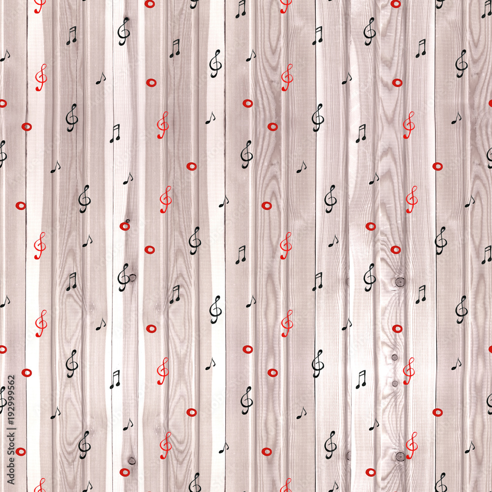 Wood texture - musical background. Watercolor notes seamless pattern