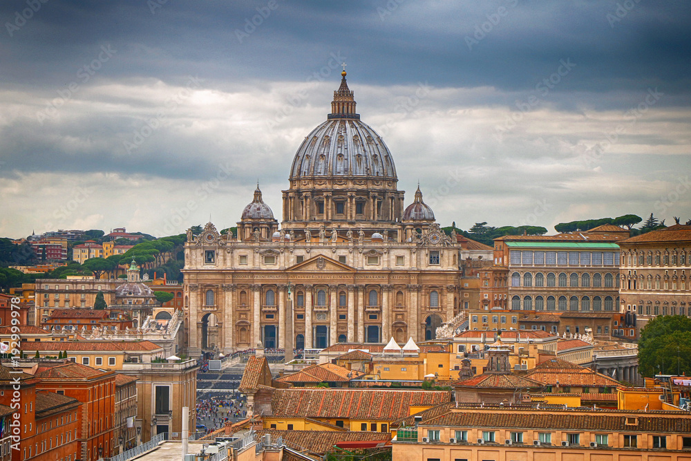Panorama of Rome with a view of Basilica from St. Peter in the Vatican. Italy