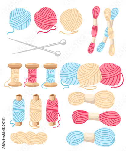 Threads for sewing for cross stitching set tools for sewing knitting needles vector wool knitwear yarn thread knitting weaving wool vector cartoon illustration multi-coloured