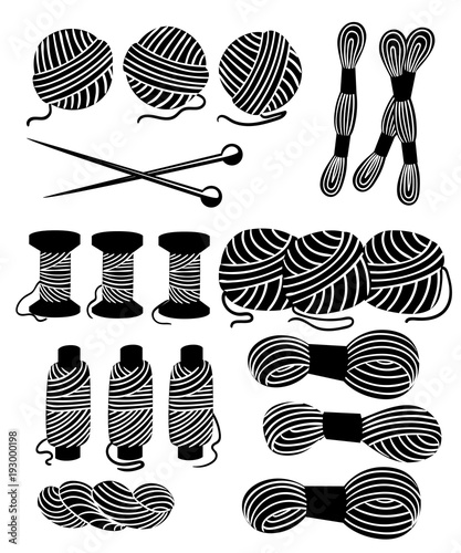Threads for sewing for cross stitching set tools for sewing knitting needles vector wool knitwear yarn thread knitting weaving wool vector cartoon illustration black silhouette