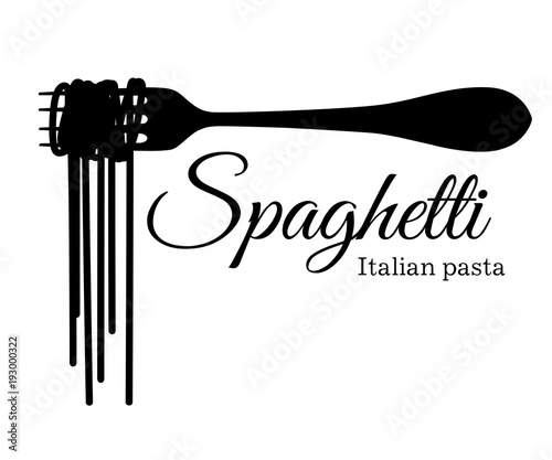 Black silhouette of spaghetti on a fork with an inscription vector illustration isolated on white background web site page and mobile app design