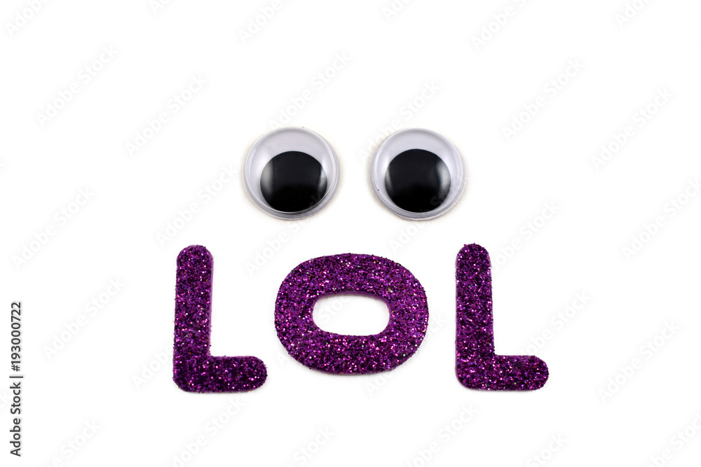 Inscription LOL stock images. LOL sign on a white background. Shortened form of a word. Laughing out loud. Lots of love. Funny inscription with eyes Inscription LOL stock images. LOL sign on a white background. Shortened form of a word. Laughing out loud. Lots of love. Funny inscription with eyes