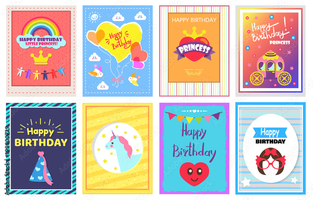 Happy Birthday Princess Set Vector Illustration