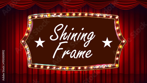 Theater Curtain, Frame Light Bulbs Vector. Blue Background. Blue Silk Textile. Shining Retro Light Banner. Gold Frame. Realistic Vintage Illustration