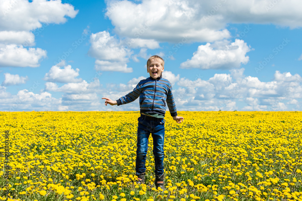Child in the field with dandelions