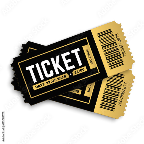 Two, pair vector ticket isolated isolated on white background. Cinema, theater,  concert, play, party, event, festival black and gold ticket realistic template set. Ticket icon for website.  photo