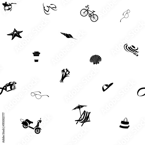 Vector illustration Summer beach party seamless pattern  seashells and starfish  cocktail and beach chair with umbrella  camera and scooter with bicycle. Flat style. Black and white colours