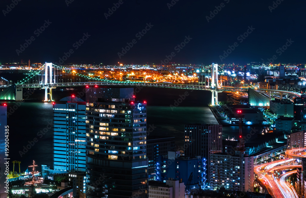 Fototapeta premium Aerial view of Tokyo Bay in Japan at night