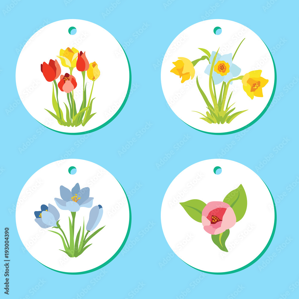 Set of labels with spring april flowers for Easter