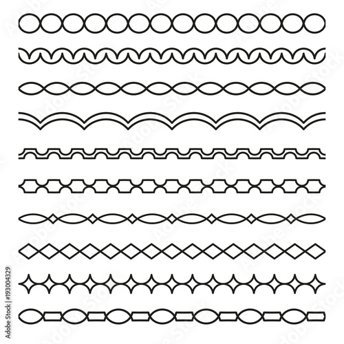 Set of vector borders art dividers in geometrical style. Borders for the text, invitation cards, various printing editions. Seamless horizontal patterns.
