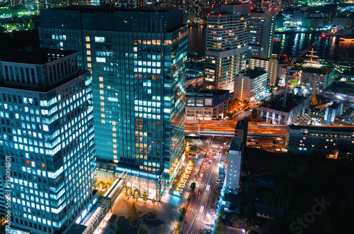 Aerial view of the cityscape of Minato, Tokyo, Japan at night