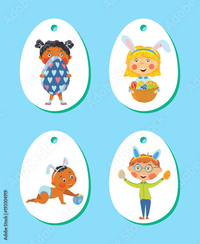 Set of Easter tags, labels with children with eggs