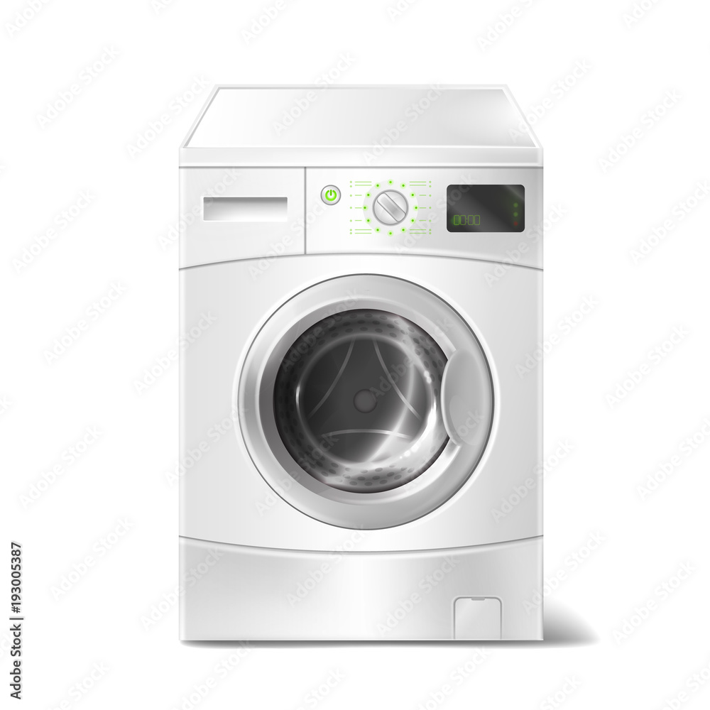 Vector realistic illustration of washing machine with smart display on white background. Electric appliance for housework, laundry. Isolated object for advertising, promotion Vector realistic illustration of washing machine with smart display on white background. Electric appliance for housework, laundry. Isolated object for advertising, promotion
