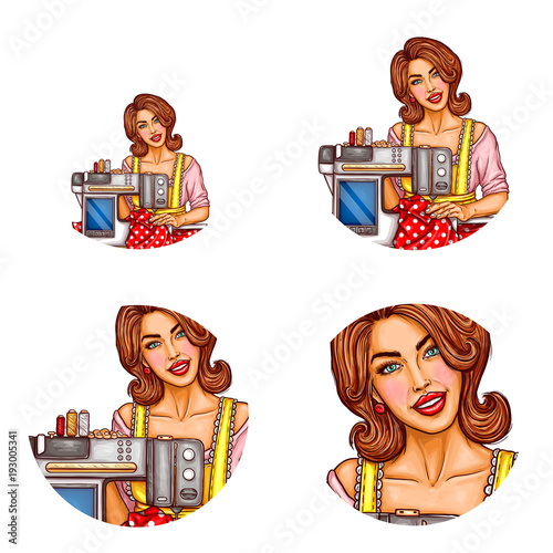Vector set of female round avatars for users of social networks, blogs, profile icons in pop art style. Smiling pretty woman seamstress sews on modern electric sewing-machine with display in workshop