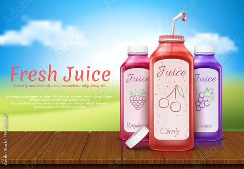 Vector 3d realistic banner with juice bottles, plastic containers for fresh fruit drinks with labels, grapes, cherry, raspberries on summer background. Mockup for brand advertising, package design