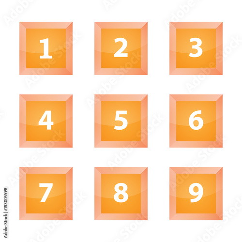 Square orange numbering buttons. Vector buttons, numbers.