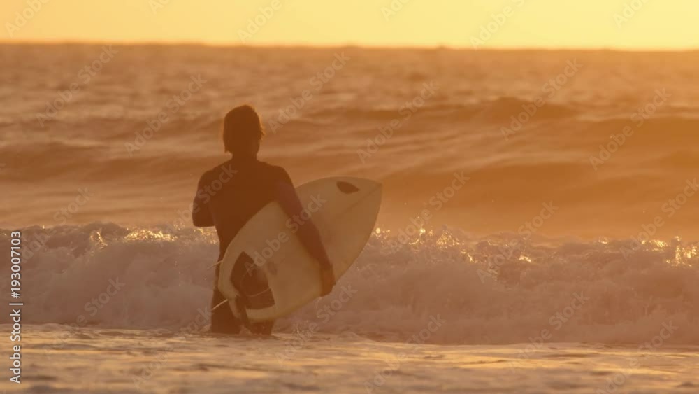 SLOW MOTION: Unrecognizable surfer in black wetsuit going surfing big crashing waves at epic sunset. Easygoing surfer dude walking in deep ocean water to go surf glassy ocean waves before nightfall.