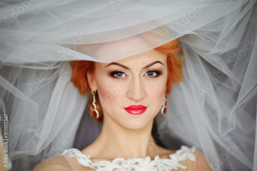 beautiful bride portrait with veil over her face, wearing professional make-up