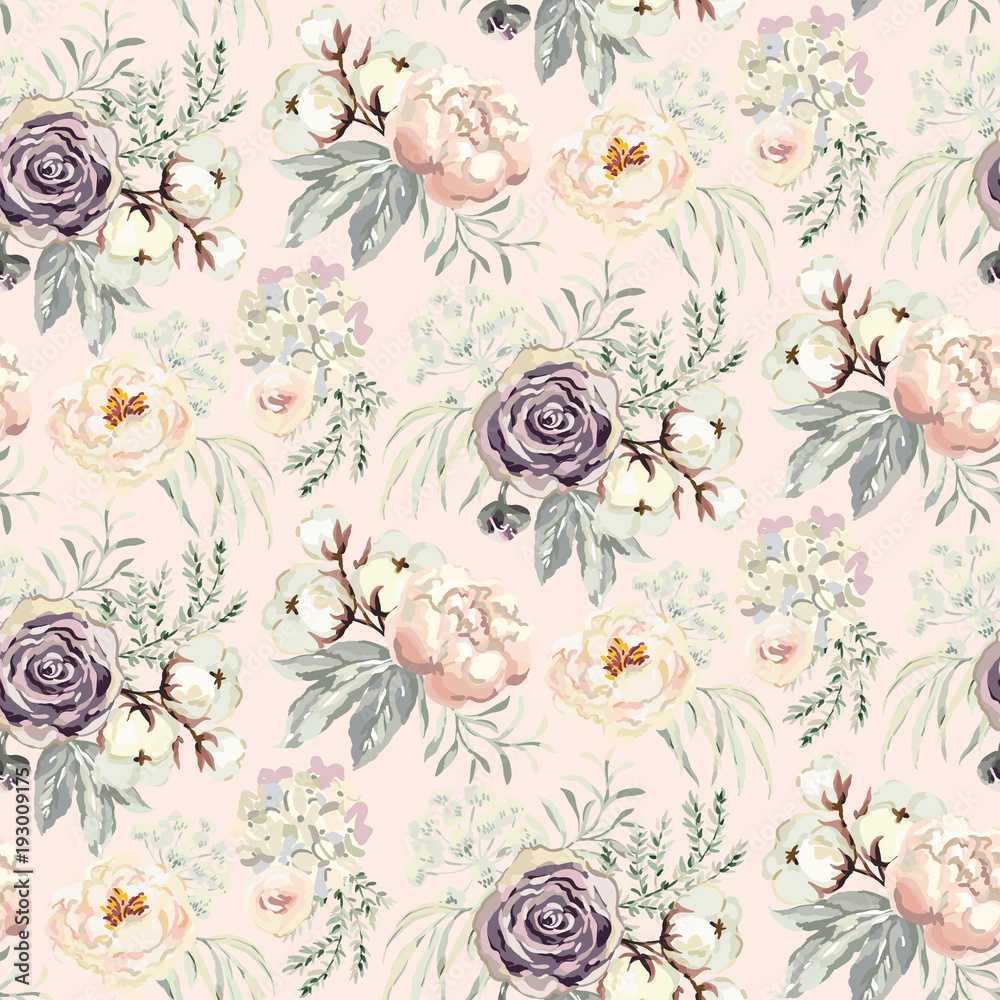 Bouquets with violet roses and pink peonies with gray leaves on the blush background. Watercolor vector seamless pattern. Romantic garden flowers. Elegant illustration.