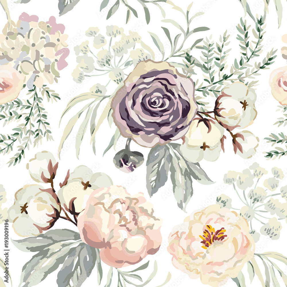 Fototapeta Bukiety z fioletowe róże i różowe piwonie z szarego liści na białym tle. Akwarela wektor wzór. Romantyczne kwiaty ogrodowe. Elegancka ilustracja.