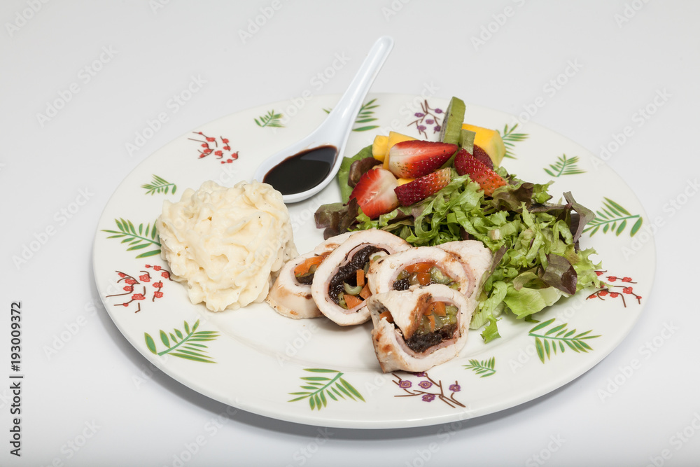 healthy food, balanced lunch protein, salad and arina