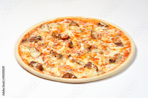 Pizza with kebab and mushrooms on a white background
