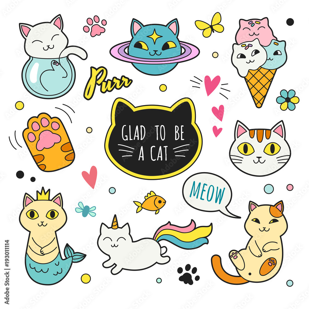 Set of cute funny stickers with color doodles of different cats with  quotes. Isolated objects. Hand drawn vector illustration. Line drawing.  Design concept for print, logo, icon, badge, label, patch. Stock Vector