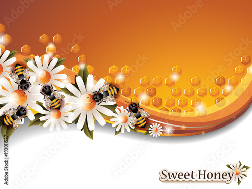 Abstract Honey Background with Working Bees and Spring Flowers