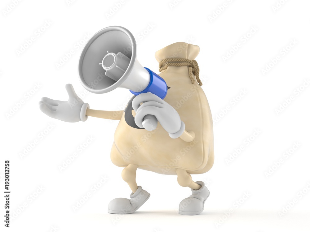 Euro money bag character speaking through a megaphone