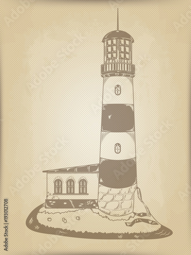 vector horizontal background of old postal paper. imitation of the old printing press. a sketch of the lighthouse on the shore